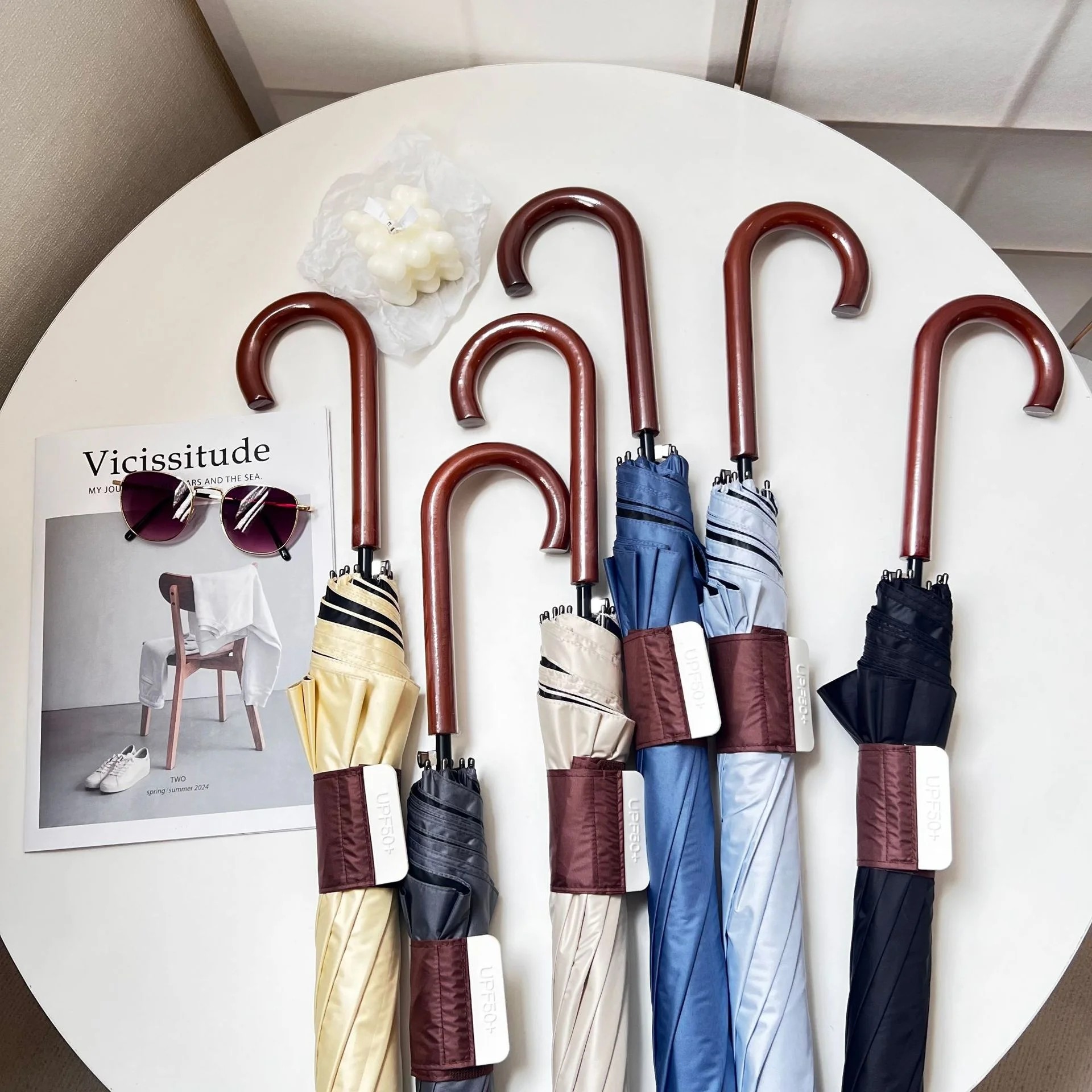 New Korean Automatic Long-handled Straight Rod Dual-Use Sunny Rainy Advertising Umbrella Modern Design Solid Wood Handle UV