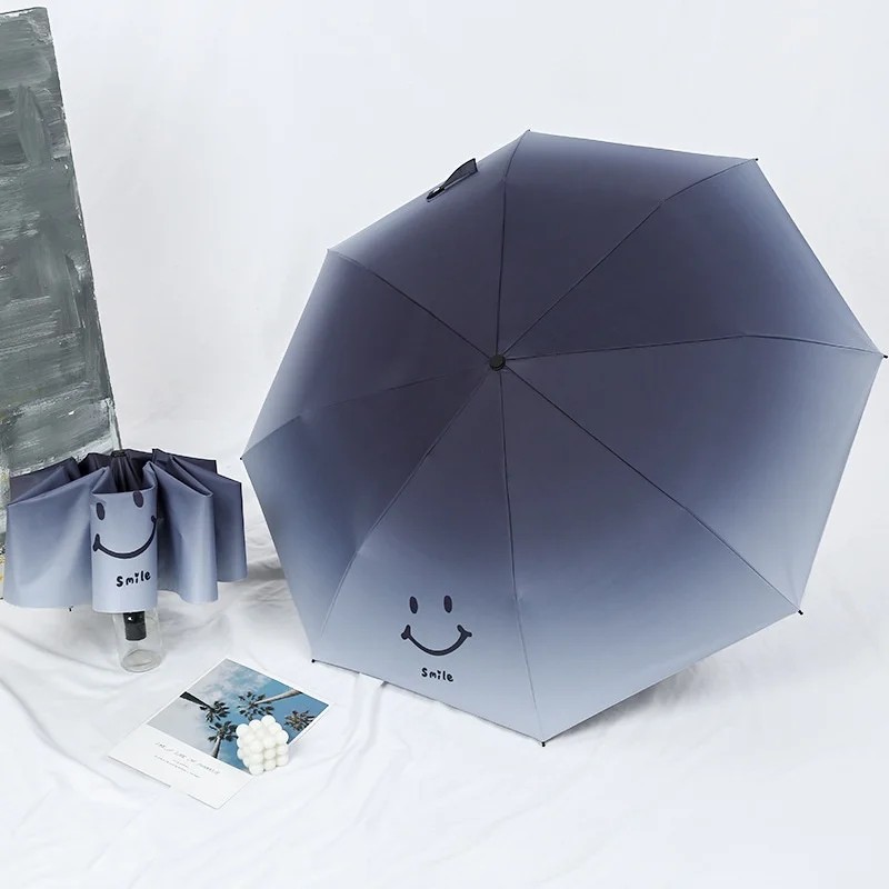 Full Automatic Three Fold Gradient Small Clear 8 Ribs Minimalist Sunscreen Anti UV Solid Color Black Glue Instagram Umbrella