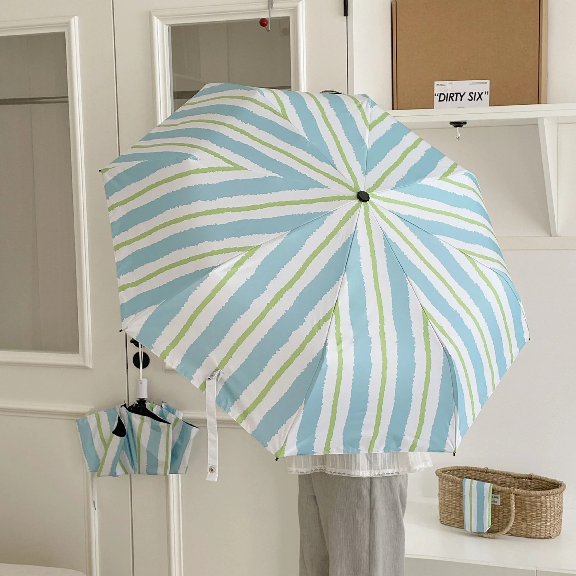 Blue Green Field Casual Women's Sunscreen Anti UV Sunshade Rain Sunny Dual-use Foldable Small Portable Automatic Black Rubber