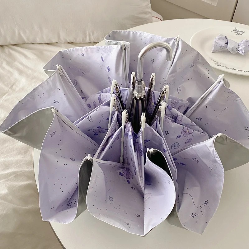 New purple Floral Manual Sunshade Umbrella with UV protection Foldable Dual-use for Sun Rain Portable Curved Handle 8 Ribs