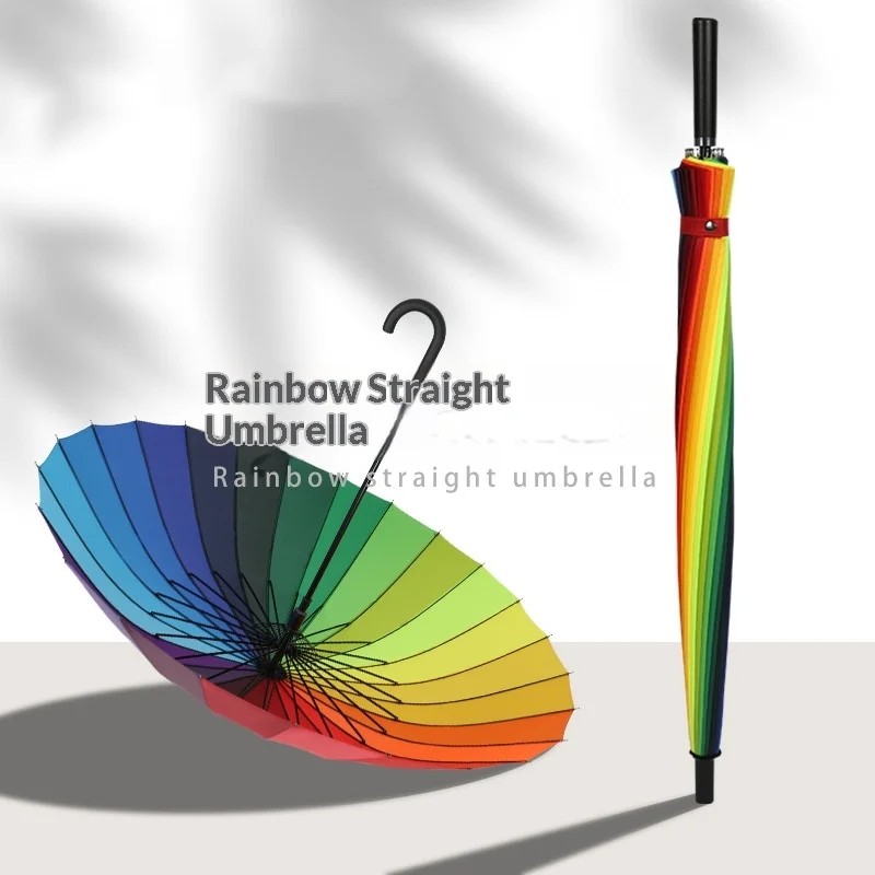 24bone Manual rainbow Long Handled Plastic Extra Large Umbrella Straight Pole Men Women Double Person Storm Resistant Large