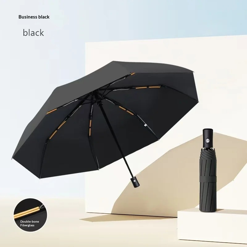 Full Automatic Three Fold Eight Rib Black Folding Umbrella UPF 50+ UV Protection Iron Medium Rod Portable Commuter for Students
