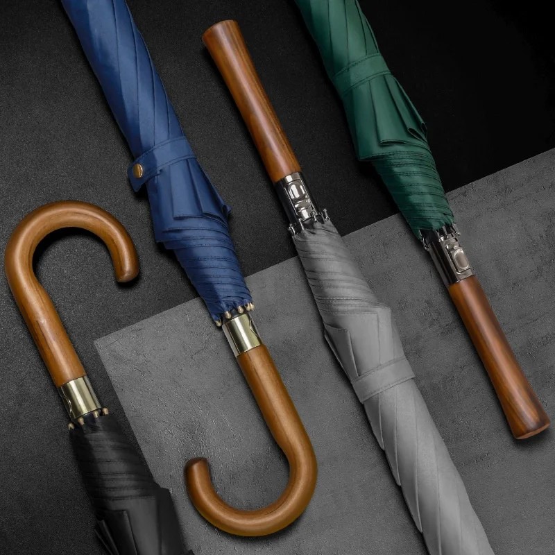 Manual Golf Umbrella Wooden Handle Large Size Sun Umbrella Reinforced Sturdy Storm Proof UV Protection Double Business Umbrella
