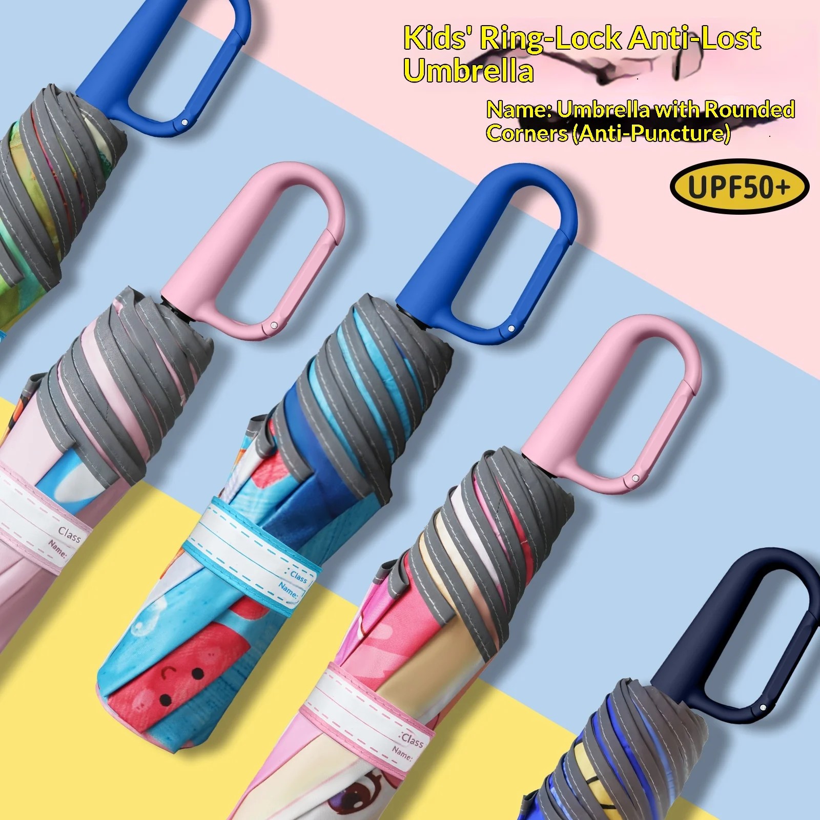Ring Lock Children's School Umbrella for Boys Girls UV Protection Foldable Design Safe Rounded Corners Prevent Injuries
