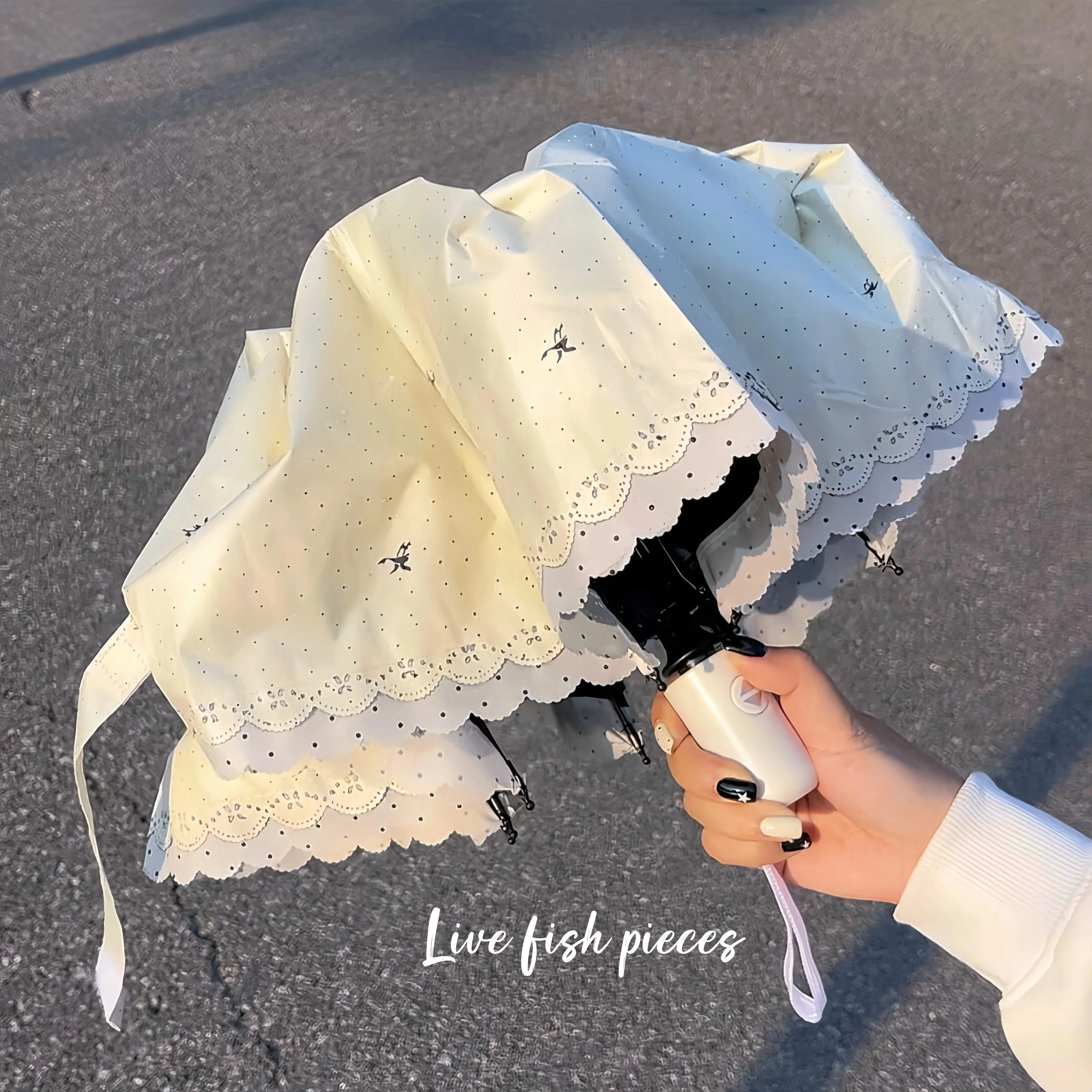 Lotus in Rain Small Fresh Floral Korean Style Folding Sunscreen Umbrella Dual-use UV-proof UPF 50+ 190T Thickened Black Rubber