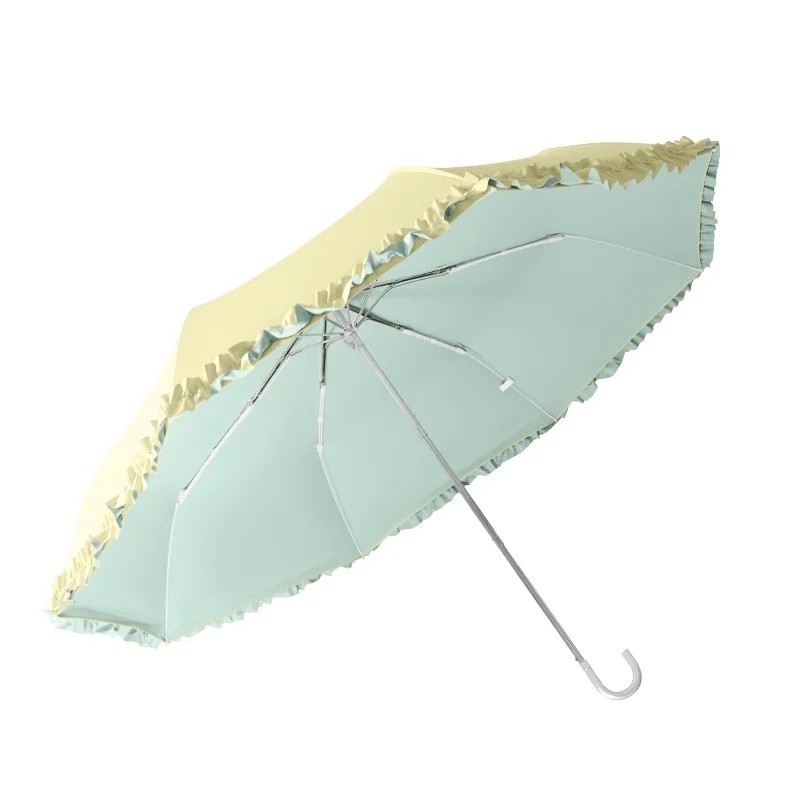 Highly Attractive Lace Trimmed Small Curved Handle Steel Ribs Plastic Handle Foldable Dual Purpose Sun Rain Colored Umbrella