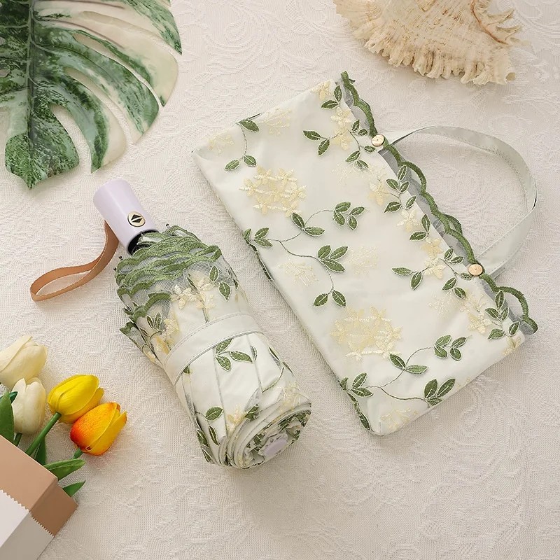 New Embroidered Manual Anti UV Lace Flower Double Layer Iron Ribs Princess Women's All Weather Sun Umbrella