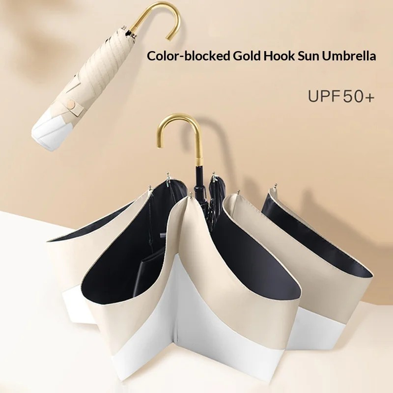 Fashionable Curved Hook Three-Folding Umbrella Ultra-Light Color-Block UV Protection Alloy Ribs Waterproof Business for Women