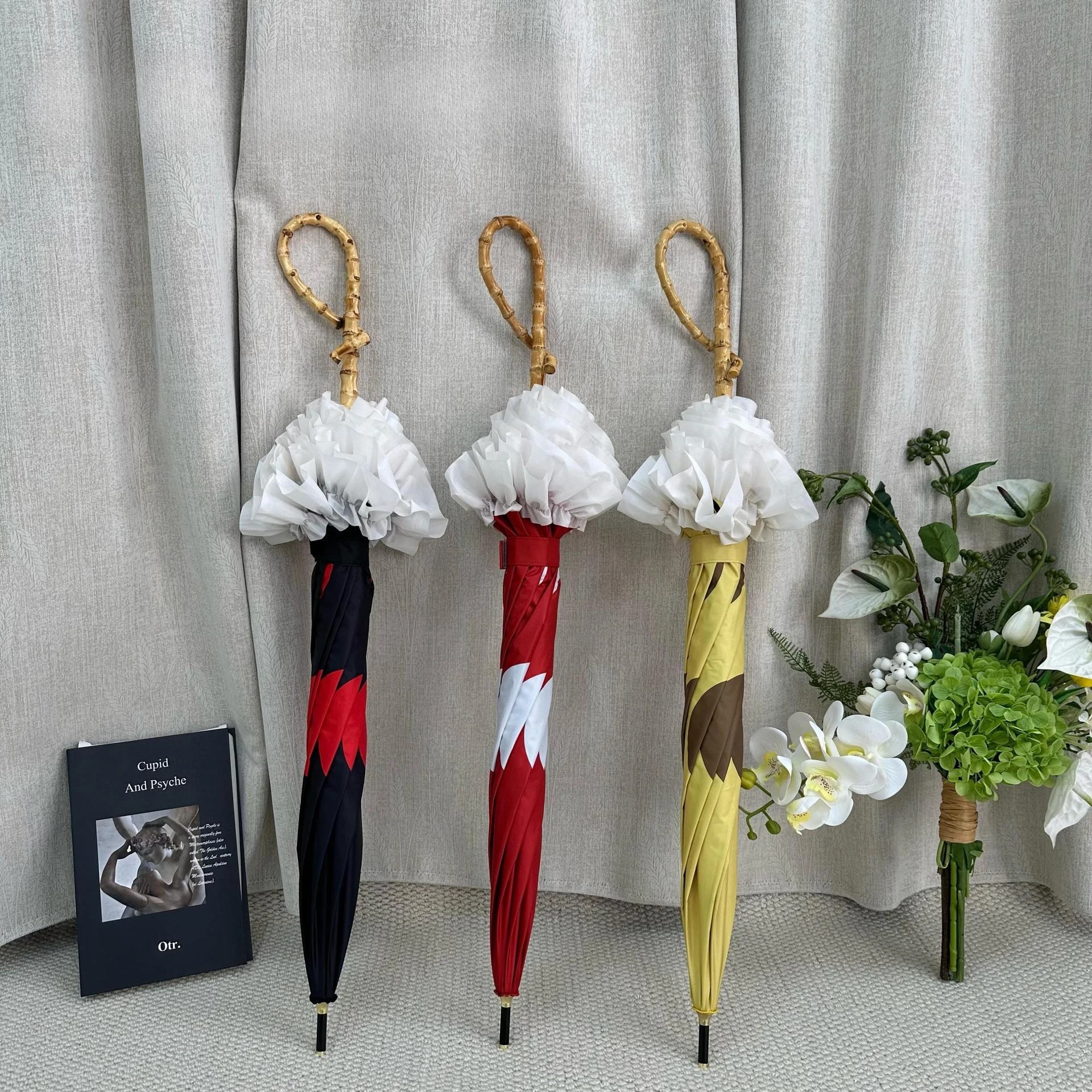 New Automatic Long Handle Sun Umbrella Black Vinyl Fabric Anti-UV Creative Bamboo Joint Handle Lace Straight Handle Umbrella