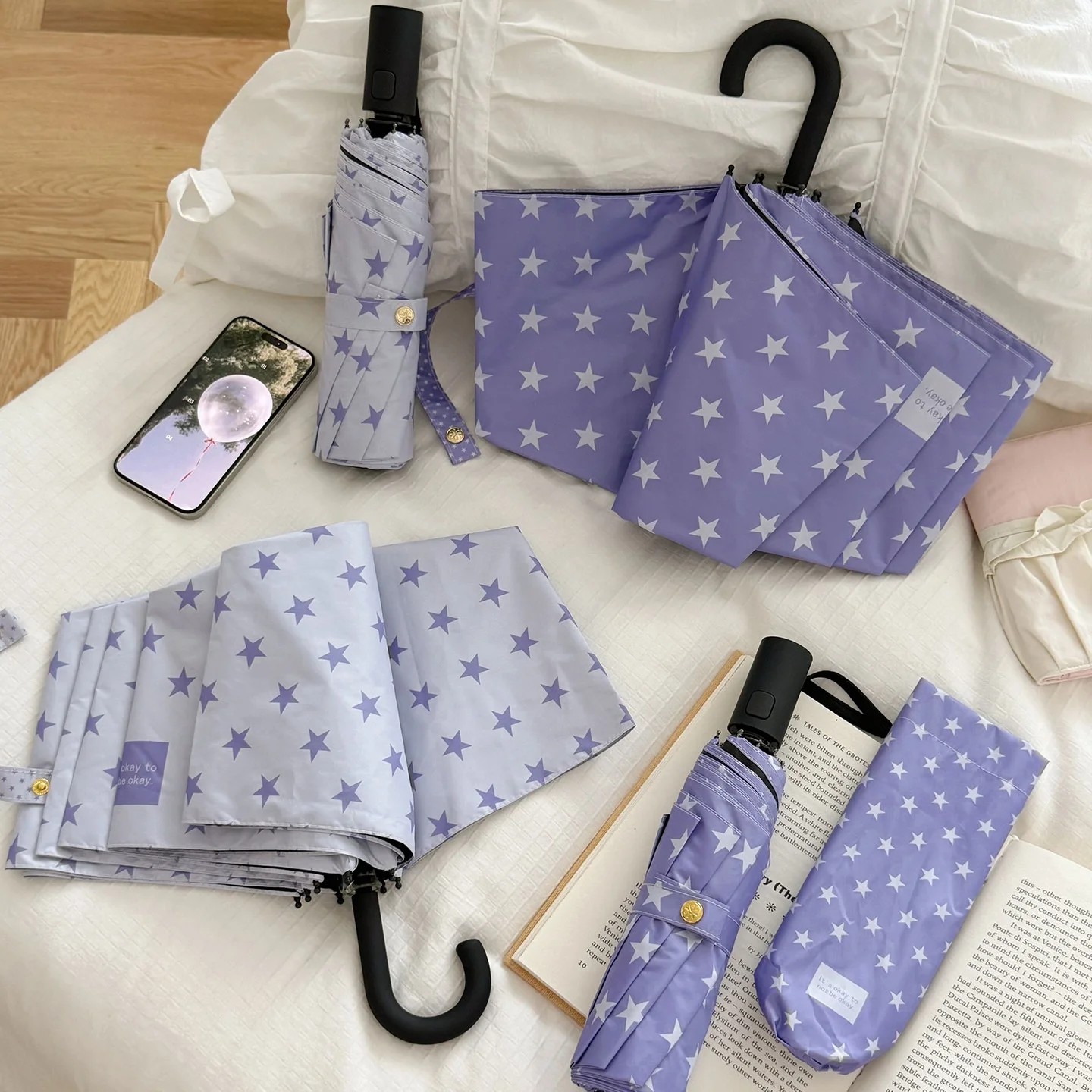 Ins New Arrival Purple Series Star Manual Folding Umbrella Sunscreen Anti UV Women's for Sunny Rainy Days