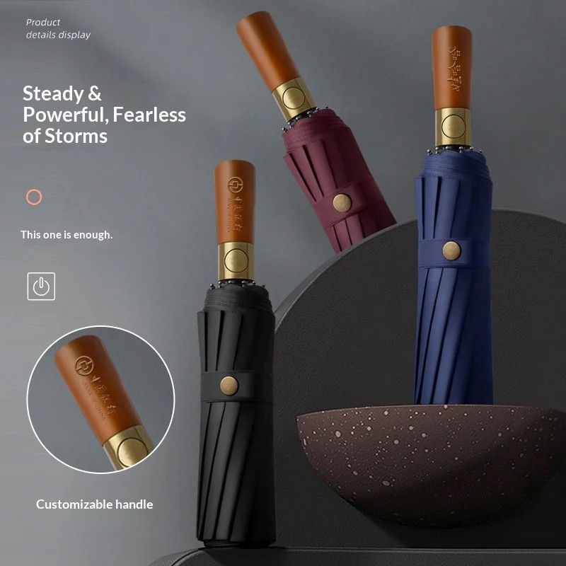 High-end Wooden Handle Wholesale Advertising Umbrella logo Fully Automatic Double Sun-proof Business Folding Umbrella