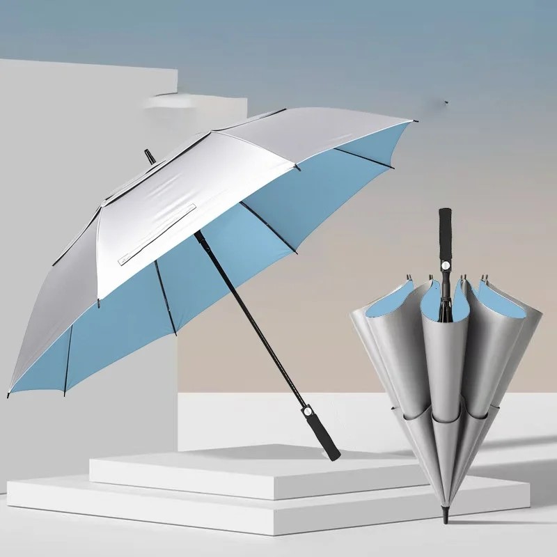 For Golf Umbrella Large Double Layer Manual Both Sun Rain 34inch Titanium Silver Long Handled UV Protection Printed Logo