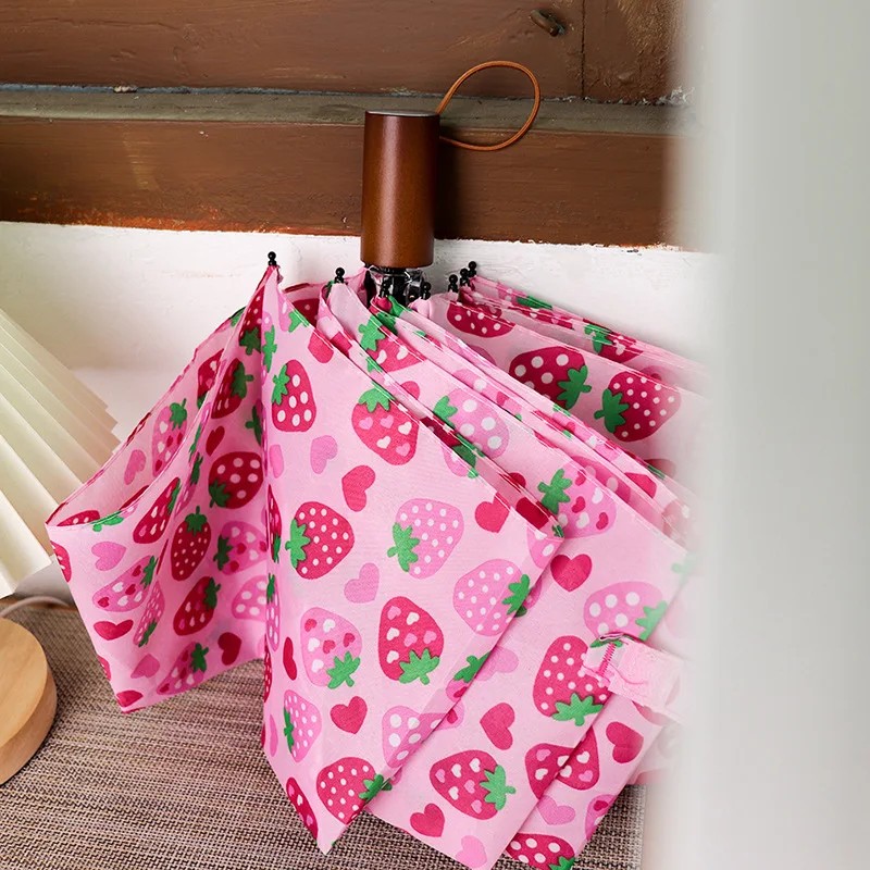 Pink Cute Cartoon Strawberry Folding Umbrella Wooden Curved Handle Reinforced 8 Ribs Windproof Dual Use Sun Rain Student