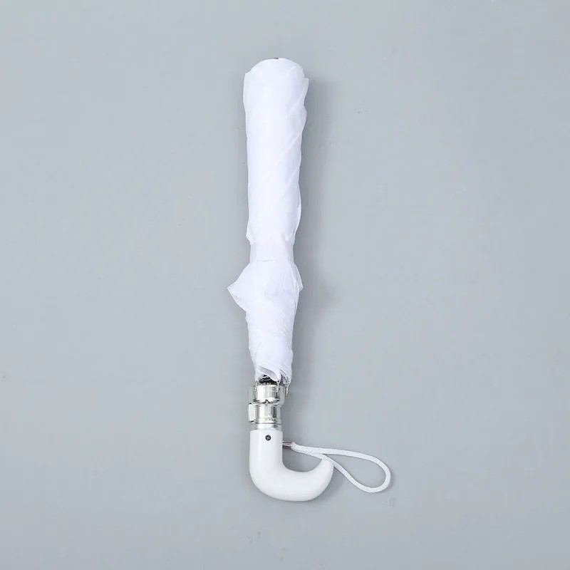 Yiwu Foreign Trade White 8K Two Section Folding Hook Umbrella Polyester Fabric Semi Automatic Iron Ribs 53cm Open Umbrella