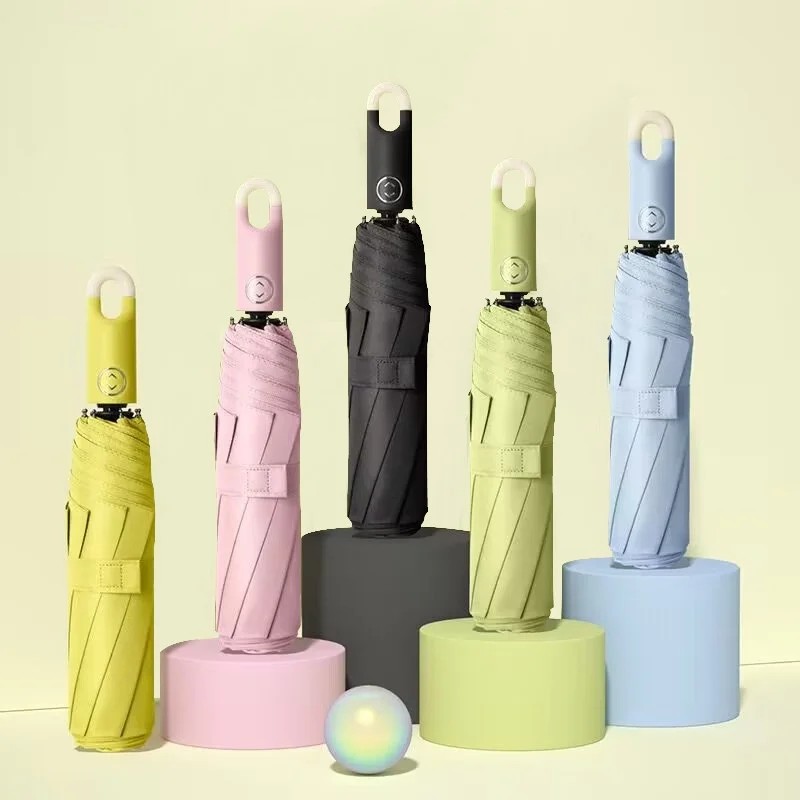 Donut Hook Umbrella Three Fold Fully Automatic Locking 8 Ribs European Style Black Rubber UV Proof Sunny Rainy Folding Umbrella