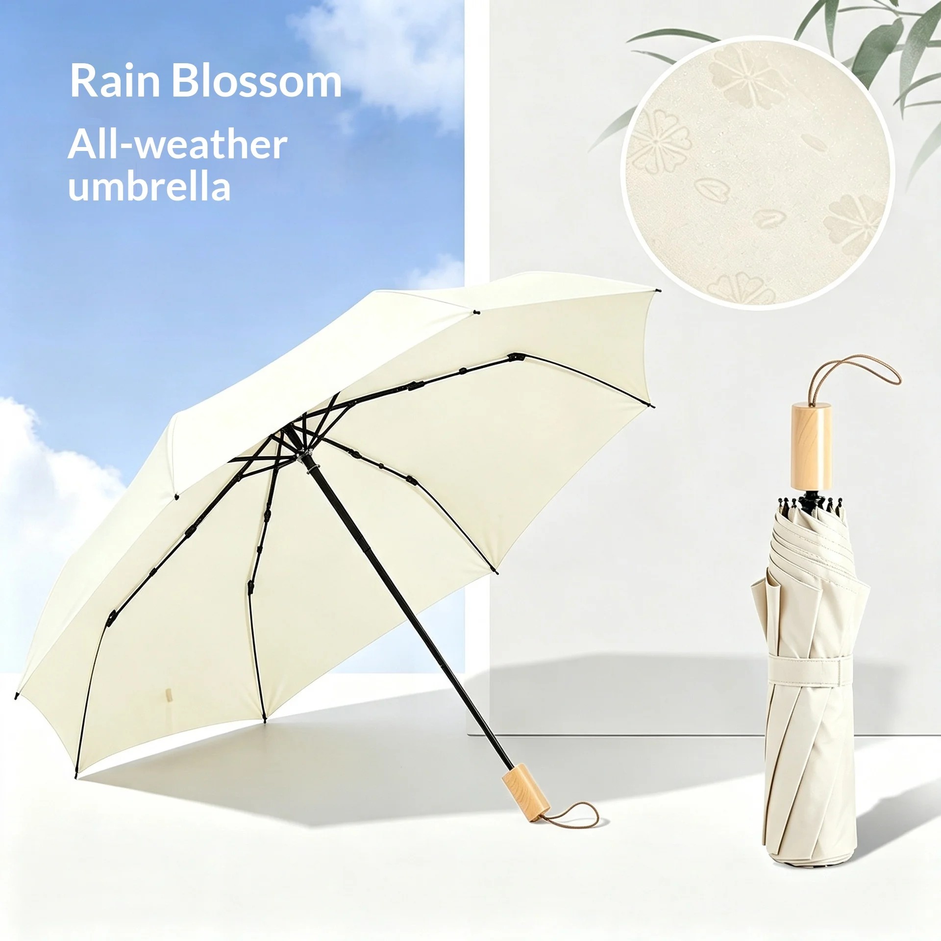 Water-activated Flowering Dual-use Sunny & Rainy Days High-end Solid Wood Handle Business Design Plus Size Gift Folding Umbrella
