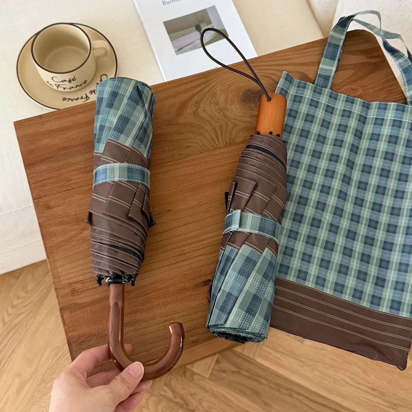 New Unisex Color Scheme Plaid Japanese Style 8 Ribs Automatic Sun Protection UV Protection Black-Coated Portable Umbrella