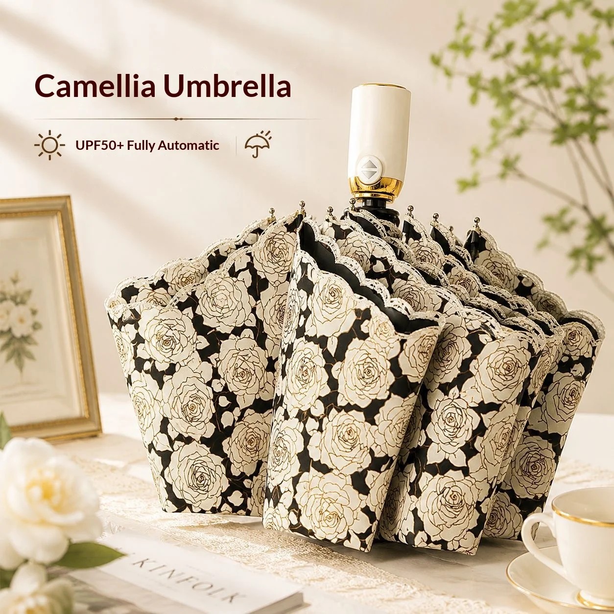 Fully Automatic TPE Sunshade Umbrella Women Dual-use Sun Rain UV protection Foldable Vintage Floral Sun Umbrella