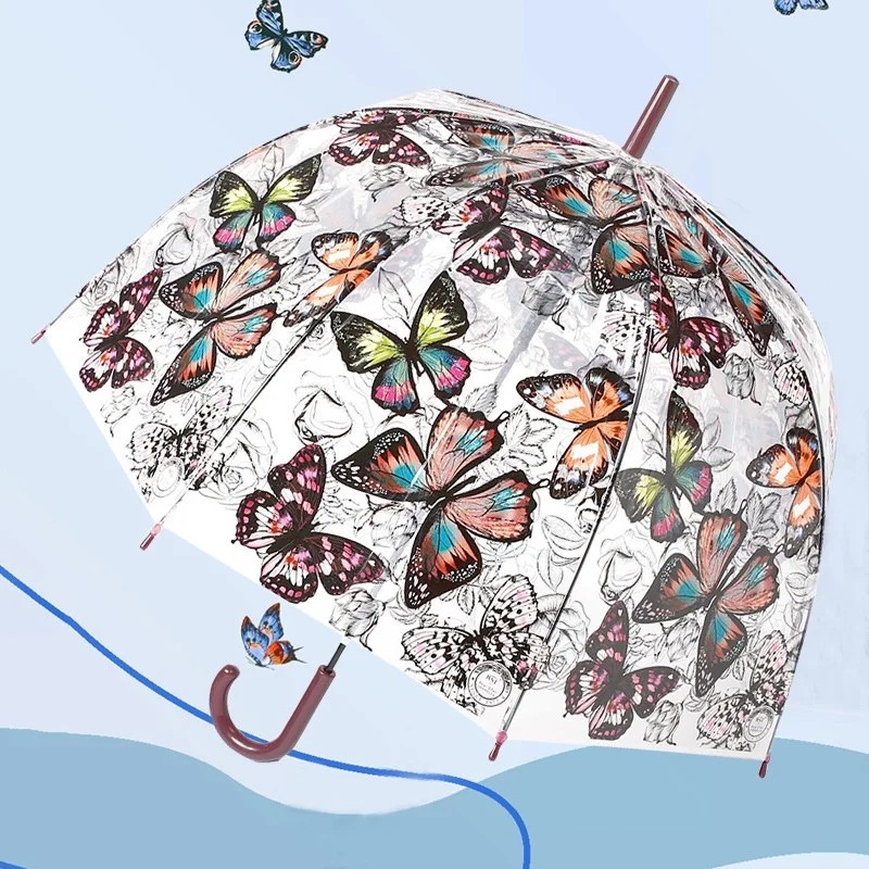 Arched Retro Transparent Umbrella Women Floral Print Mushroom Fully-automatic Straight Umbrella Long-handled 8 Ribs Female