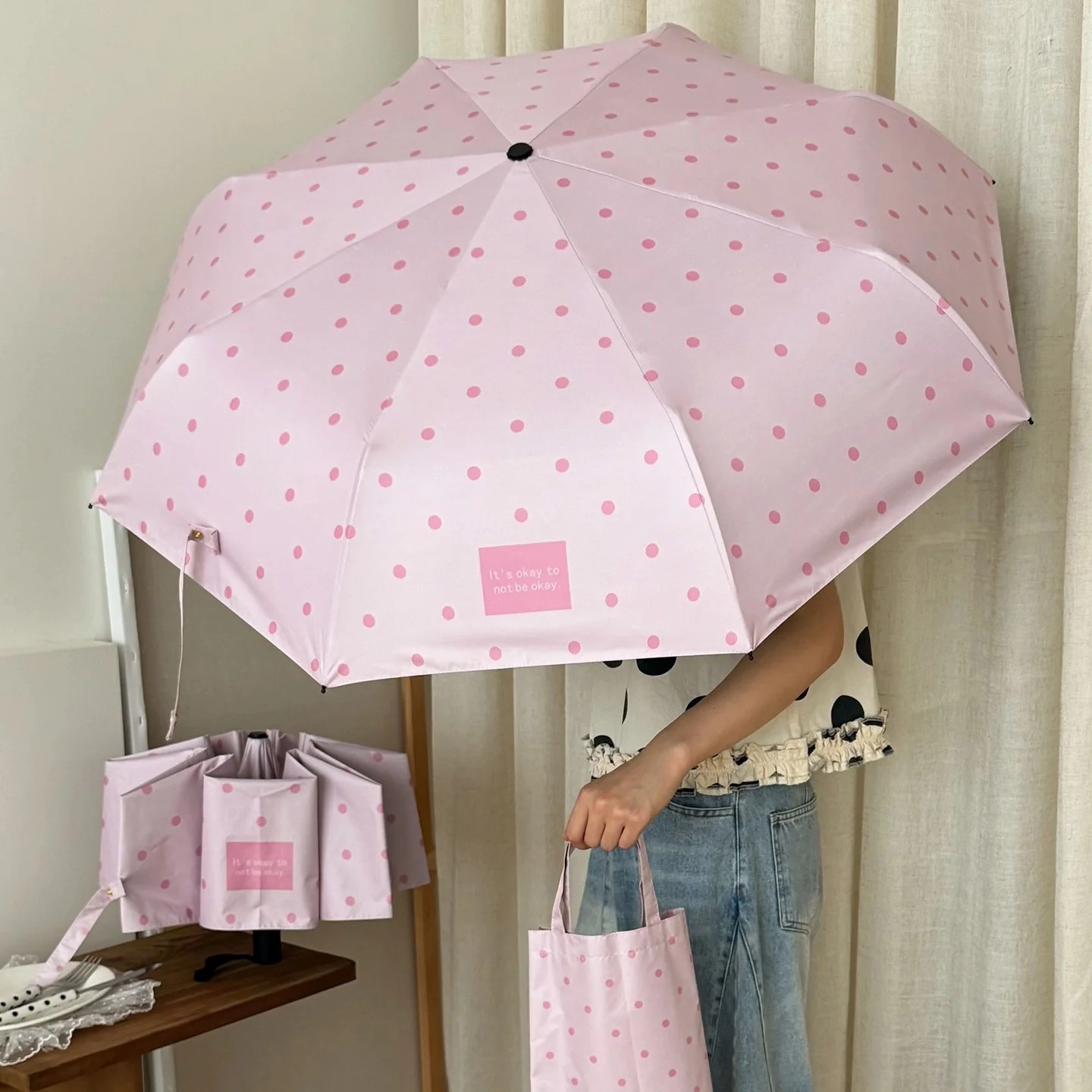 Korean Style Peach Pink Polka Dot Manual Folding Umbrella Sunscreen UV Black Glue Sunshade Sunny Rainy Dual-use Sun Umbrella
