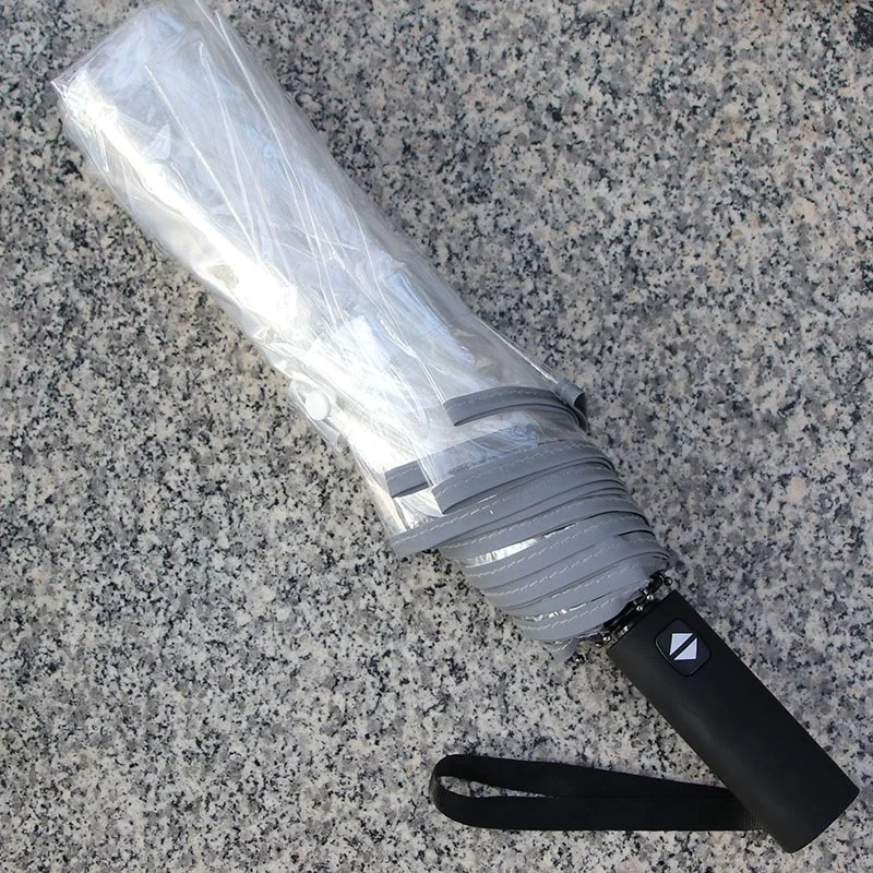 27 Inch Three-Fold Transparent Fully Automatic TPU Advertising Umbrella with 8 Ribs Luminous Edging Strip Rubber Handle Logo