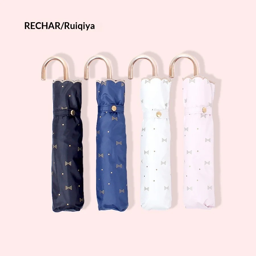 Stock Bowknot Embroidered Curved Alloy Handle  Sun Protection Black Coated Business Gift Folding Umbrella for Rain