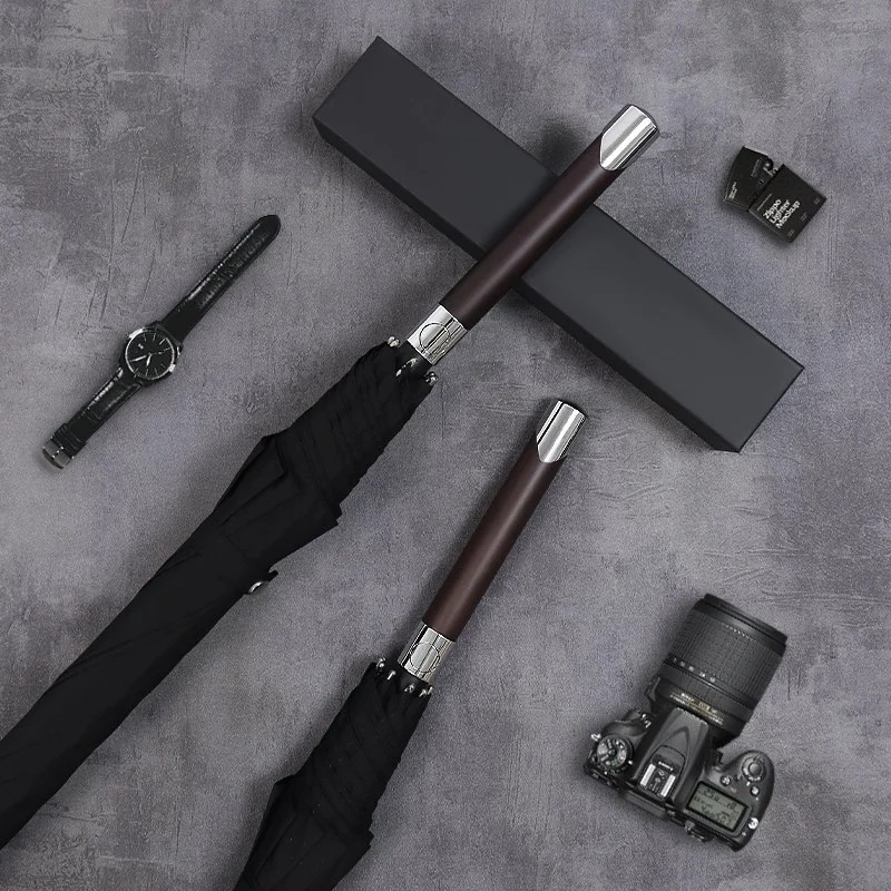 1.22m Men's Semi-automatic Long Handle Solid Wood Business Straight Rod Umbrella Vintage Design 8 Ribs Double Person Reinforced