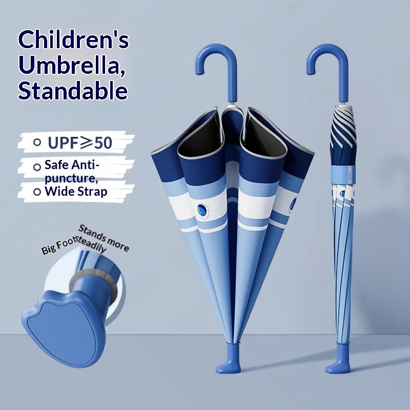 Children's Rounded-Tip Anti-Pinch Long-Handled Large Size Cartoon Design UV Protection Umbrella for Rain Shine Primary