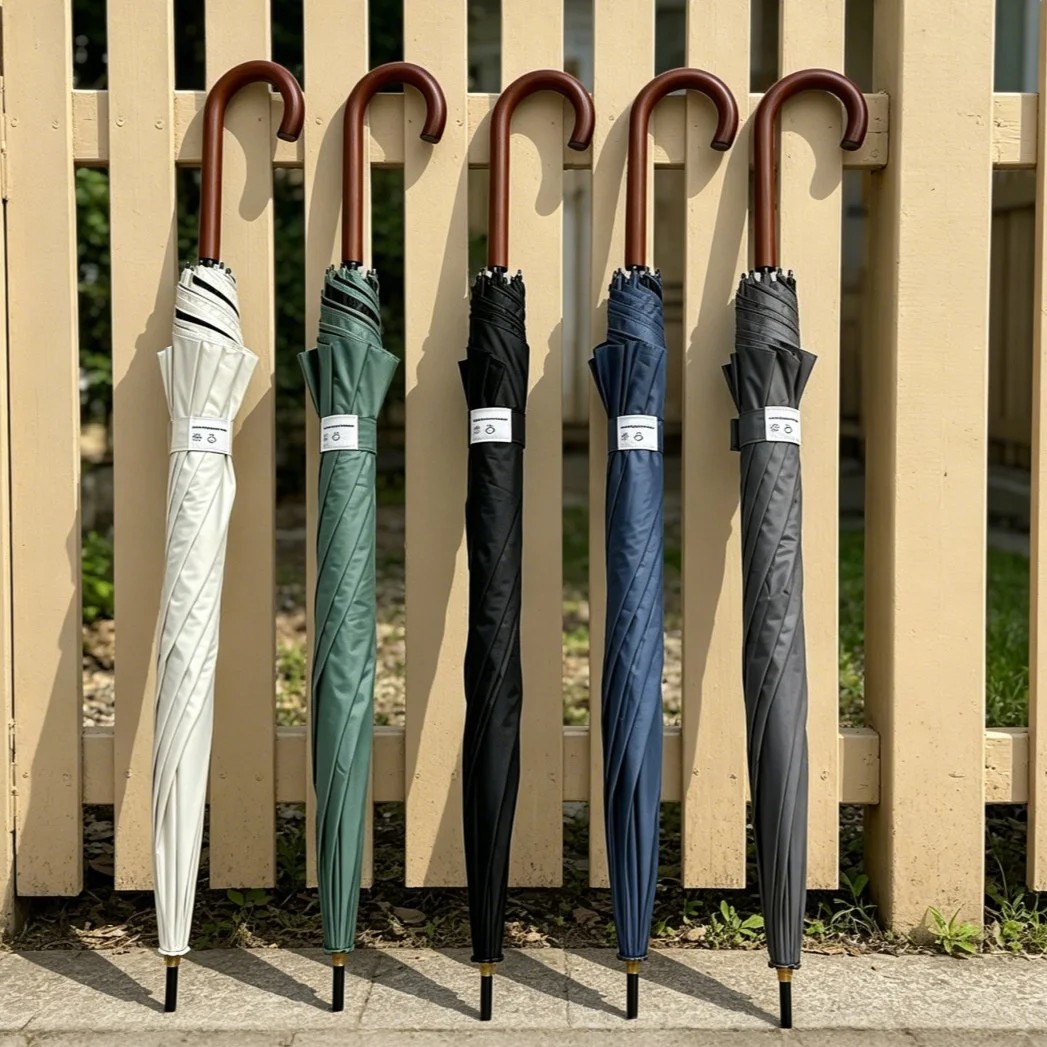 Vintage-style Automatic Solid Wood Handle Golf Umbrella Business Gift UPF40+ Dual-Use Sun Rain Parasol Custom Advertising