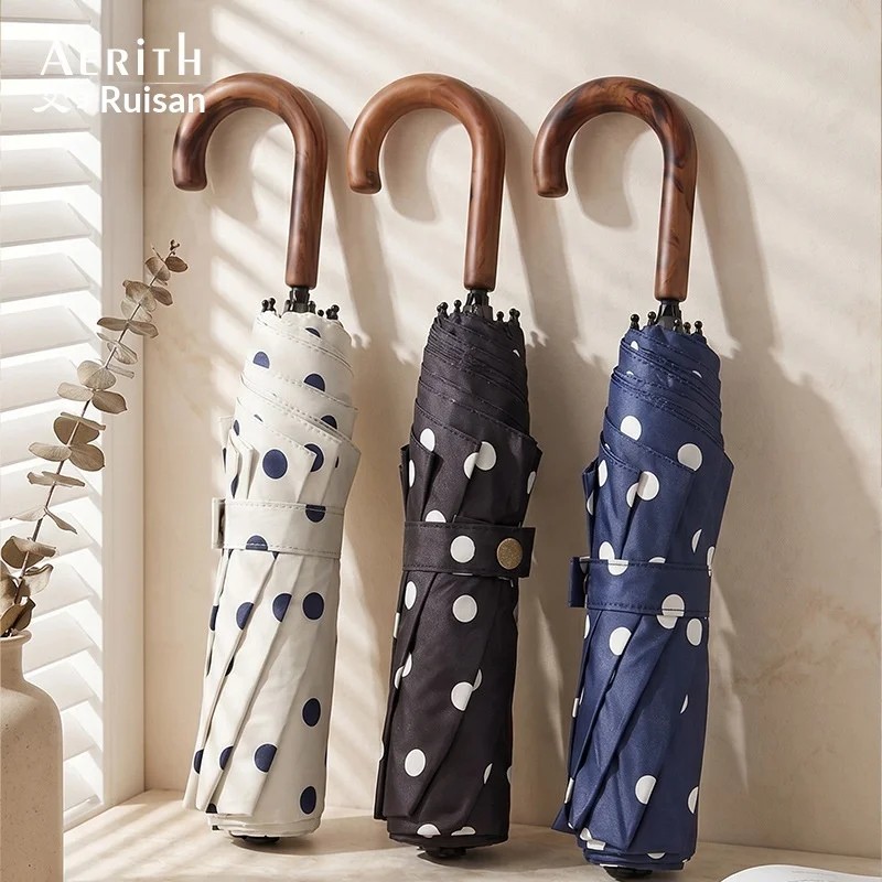 Aries French Polka Dot Cherry Manual Umbrella  for Sun Rain UV Protection Vintage Sunshade Folding Umbrella