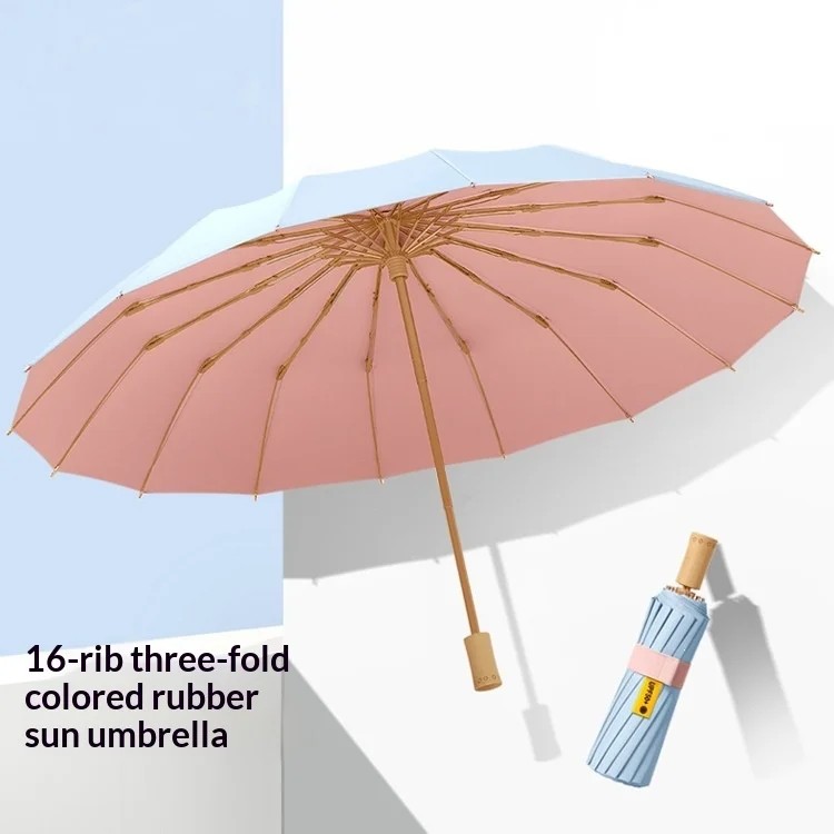 16-Rib Three-Fold Folding Sunshade Umbrella Vintage Alloy Handle Manual Opening UV Protection Business Gift Option Custom Logo