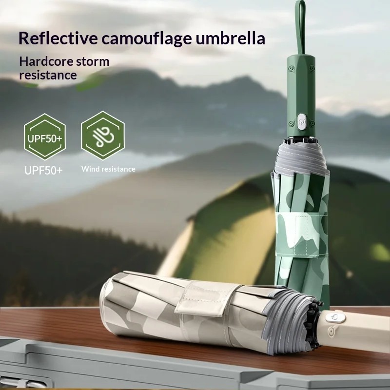 10-bone Three-fold 280T Impact Fabric Automatic Reverse Camouflage Digital Print Business Umbrella UPF50+ Windproof for