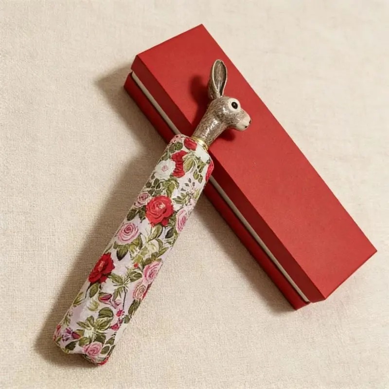 Rabbit Handled Rose Patterned Vintage Style Automatic UV Protection Light Luxury Portable All Weather Womens Sunshade Rain