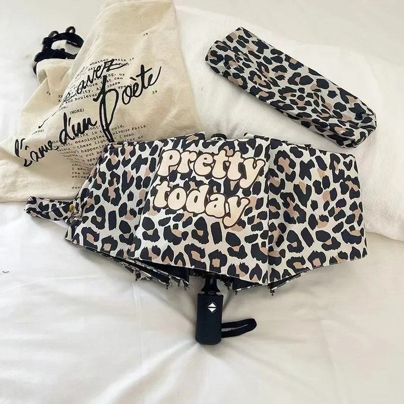Leopard Print Letter Umbrella Dual-use for Sunny Rainy Days Folding Sun protection Anti-UV Ultra-light Compact Parasol Umbrella
