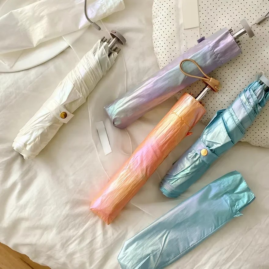 Japanese Style Aurora Iridescent Pencil Umbrella 105g Portable ultra Light Feather Folding Colored Glue Sun UV protection