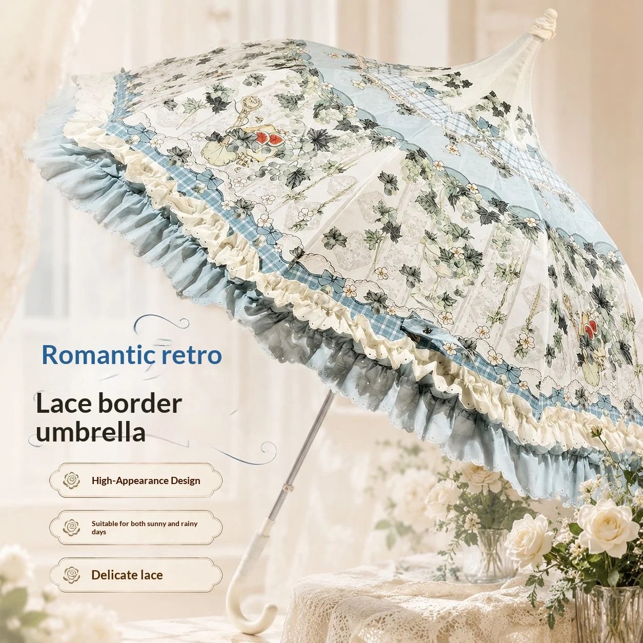Fresh Elegant Princess Parasol Lolita Style 190T Nylon Fabric Lace Trim European Retro UV Protection Bridal Umbrellawholesale