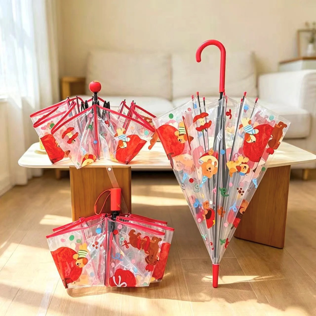 Manufacturer Wholesale Red apple Dog Transparent Iron Tube Semi Automatic Umbrella 21inch Straight 8 Ribs Folding Umbrella