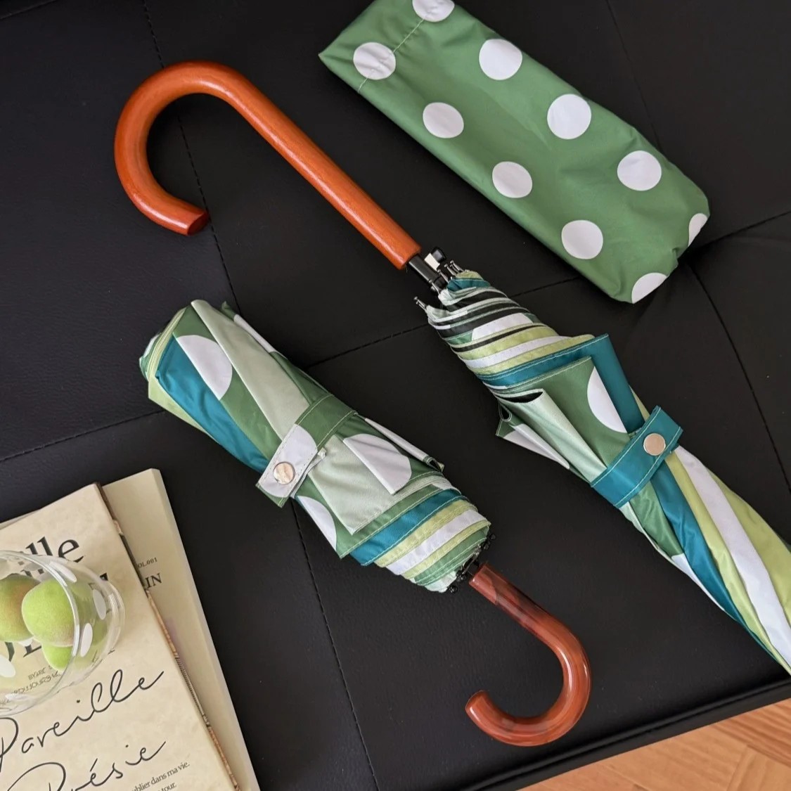 Retro Hong Kong Style 8 Iron Tube Dual Use Sun Umbrella French Polka Dot Design UV protection Foldable Women's Umbrella Hook