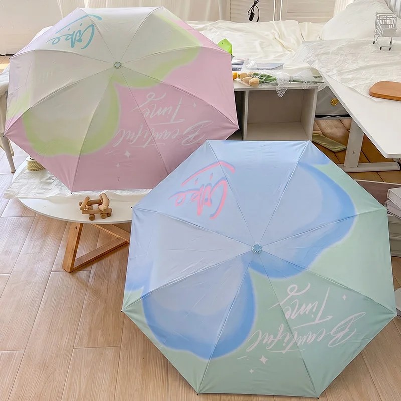 Fresh Color Blocked Heart Patterned Cute Three Fold Manual Umbrella Black Coated UV Protective for Sun & Rain