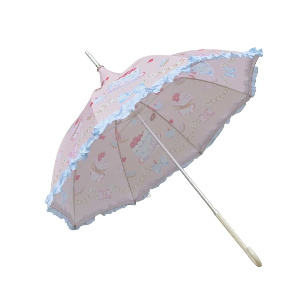 Sweet Lace Princess Straight Handle Automatic Umbrella Girly Floral Print Long Handle Rain Sun Stylish Photo Ready Pagoda-style